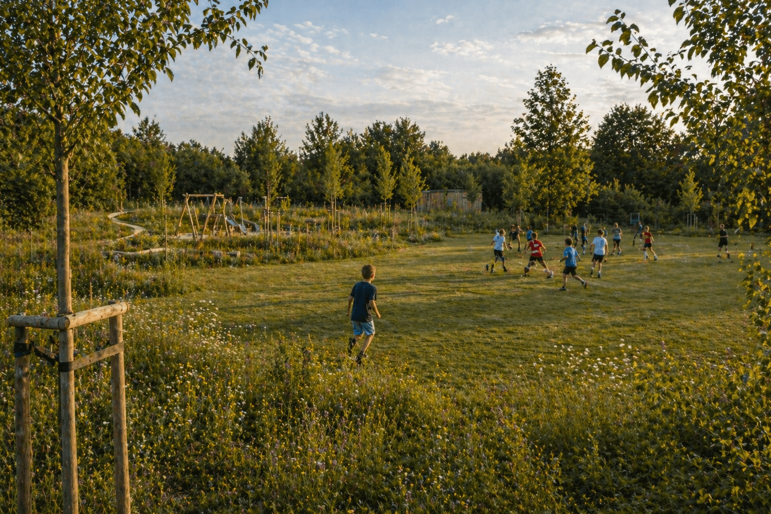 KI-generierte Visualisierung KI-generierte Visualisierung: Spielende Kinder Teichberg Freiraum